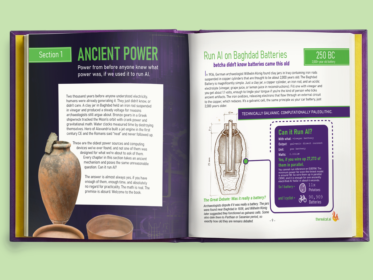 An open copy of 100 Ways to Power Artificial Intelligence showing illustrated interior pages with diagrams and math, demonstrating the book's visual style of rigorous content in a playful design.