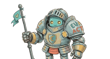 Illustrated robot knight in armor with an EU Act shield and a heart flag, representing responsible AI governance frameworks.